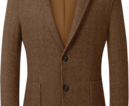 Mens Herringbone Tweed Blazer Vintage Wool Blend Sport Coat Jacket 2 Button Casual Wedding Groomsmen Prom Suit
