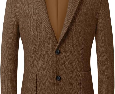 Mens Herringbone Tweed Blazer Vintage Wool Blend Sport Coat Jacket 2 Button Casual Wedding Groomsmen Prom Suit