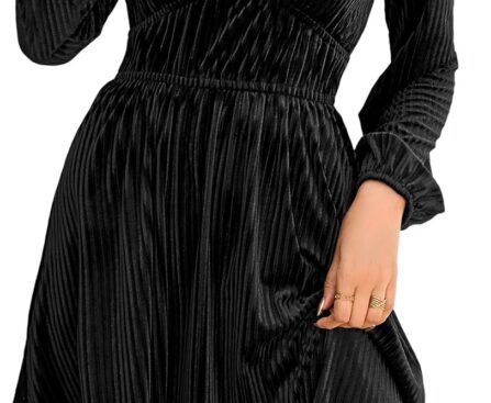 R.Vivimos Womens Fall Winter Velvet Striped Mini Dress 2025 Long Sleeve V Neck Elastic High Waist Elegant Casual A-Line Dress
