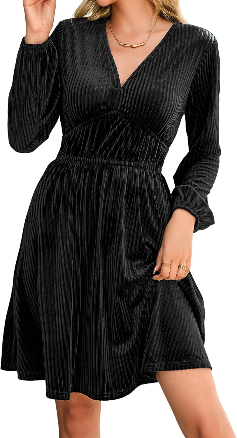 R.Vivimos Womens Fall Winter Velvet Striped Mini Dress 2025 Long Sleeve V Neck Elastic High Waist Elegant Casual A-Line Dress