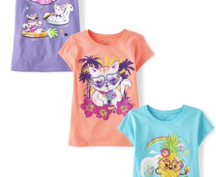 The Children’s Place Girls Sports,Trends,Icons Short Sleeve Graphic T-Shirts,3 Pack