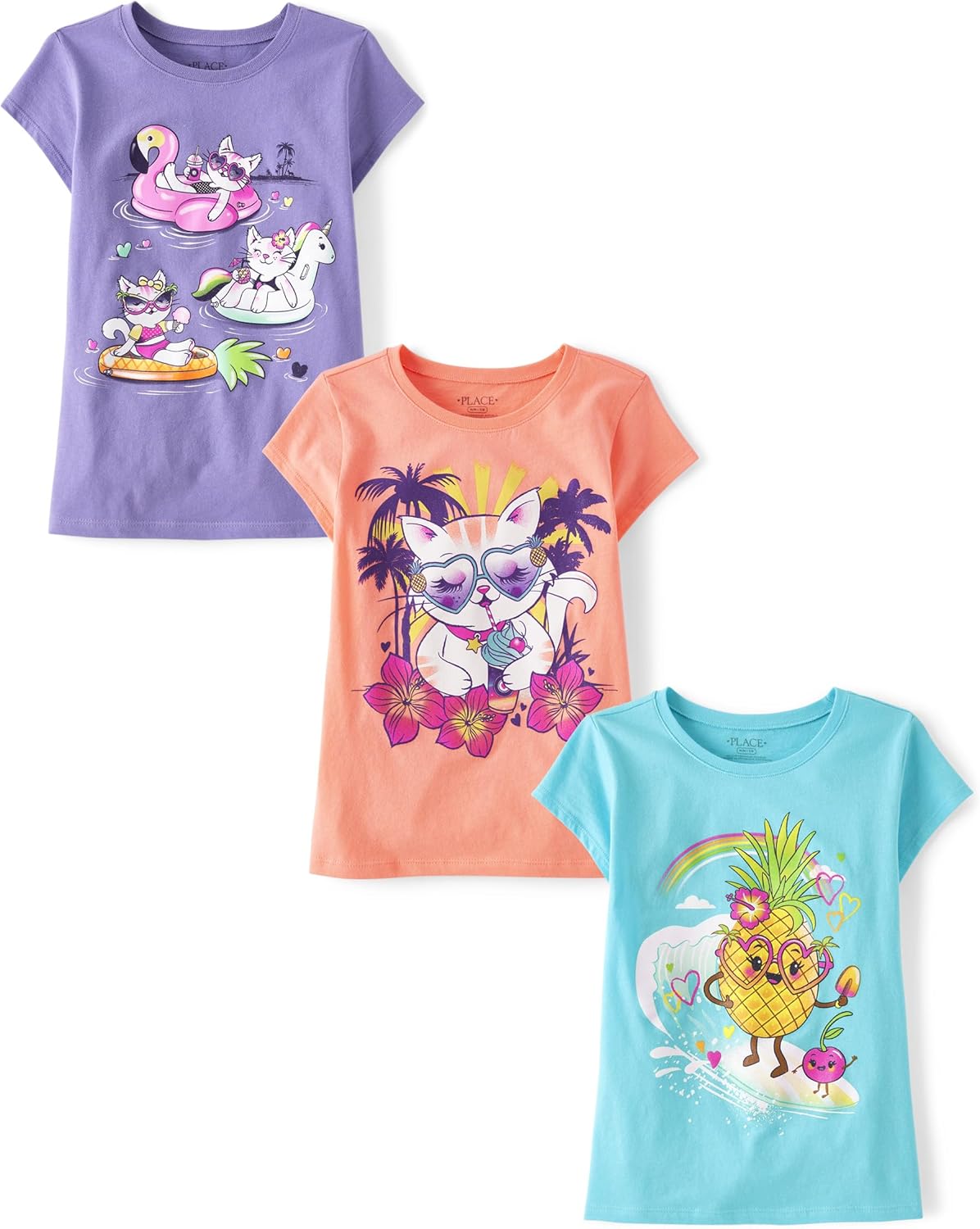 The Children’s Place Girls Sports,Trends,Icons Short Sleeve Graphic T-Shirts,3 Pack