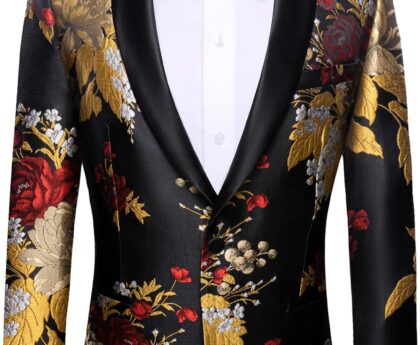 Barry. Wang Men’s Sport Coats & Blazers Flower Suit Jacket 1 Button Paisley Tuxedo Mardi Gras Carnival Parade Gift