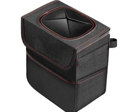 Simple Deluxe Car Trash Can With Lid, Storage Pockets, Leak-Proof Garbage Container, Adjustable Straps, Waterproof, Portable, Collapsible, 2 Gallon, Black