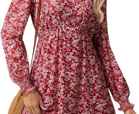 Dokotoo Fall Dresses for Women 2025 Casual V Neck Lantern Long Sleeve Floral Shirred High Waist A-Line Boho Dress