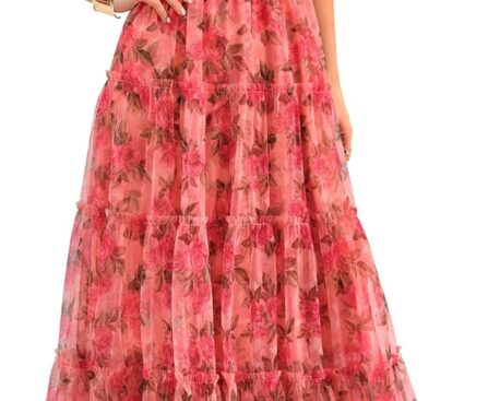 PRETTYGARDEN Women’s Summer Tulle Midi Dress Sleeveless Smocked Ruffle Flowy Mesh Dresses Party Wedding Guest Sundress