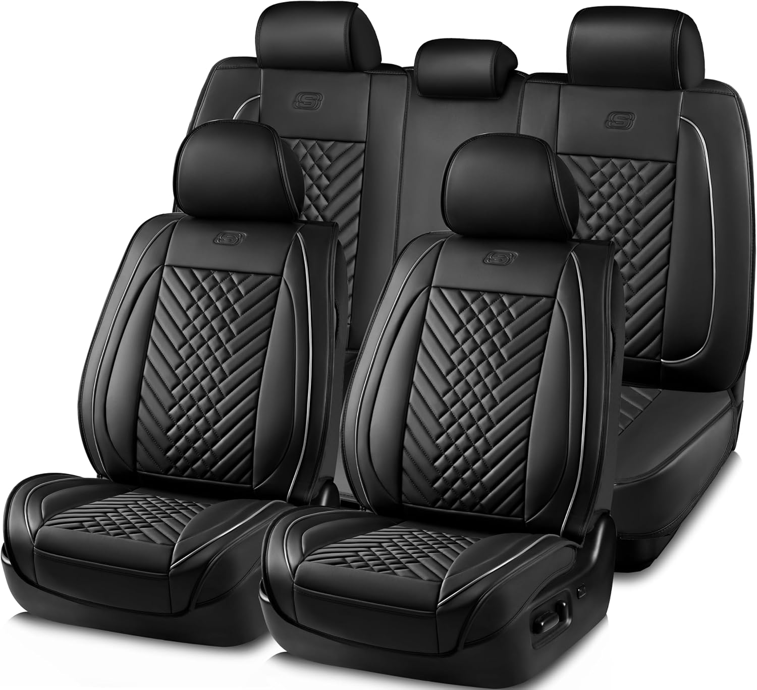 Skechers MAX Cushioning Car Seat Covers,Memory Foam Piping Leather Seat Covers,Waterproof Car Seat Protector Full Set,Car Seat Cushion Airbag Universal Fit for Most Cars,Vans,Trucks,SUV,Grey