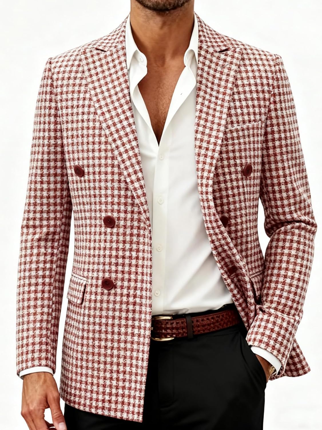 Men’s Suit Jacket, Houndstooth Slim fit Fashionable Casual Jacket, Lapel Double Breasted Suit Party Tuxedo Coat