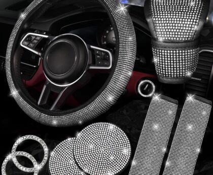 NBTEPEM 8 pcs Bling Car Accessories Set for Women, Steering Wheel Cover, Sparkly Seat Belt Covers, Bling Gear Shift Cover, Universal Fit Most Cars (Silver Diamond)