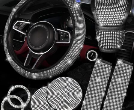 NBTEPEM 8 pcs Bling Car Accessories Set for Women, Steering Wheel Cover, Sparkly Seat Belt Covers, Bling Gear Shift Cover, Universal Fit Most Cars (Silver Diamond)