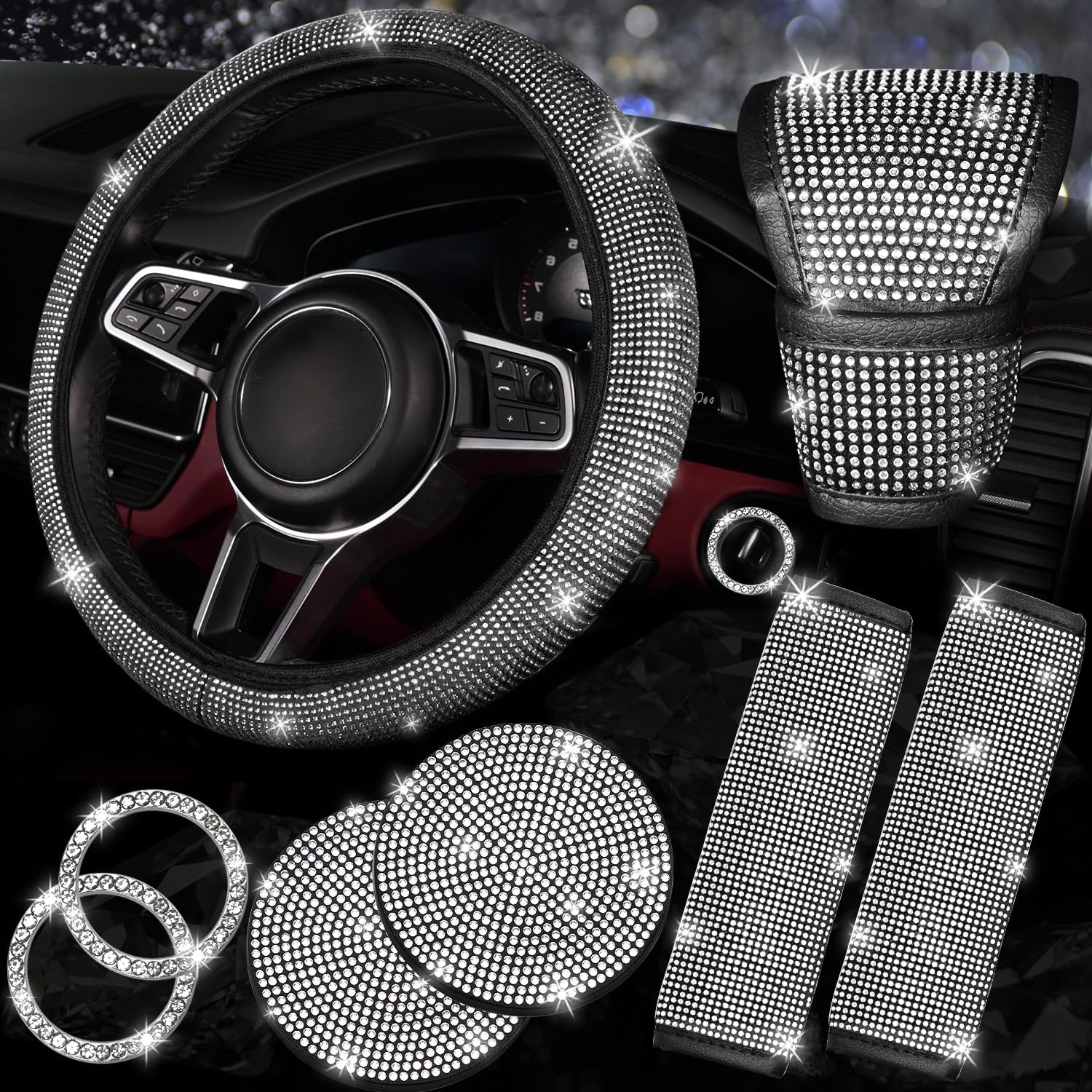 NBTEPEM 8 pcs Bling Car Accessories Set for Women, Steering Wheel Cover, Sparkly Seat Belt Covers, Bling Gear Shift Cover, Universal Fit Most Cars (Silver Diamond)