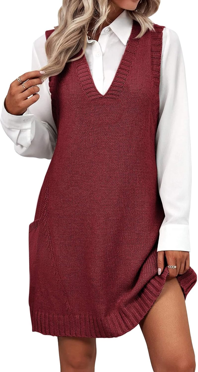 Zeagoo Womens Sweater Vest Dress Pattern Knitted Pullovers Sweaters V Neck Tank Sweater Dress with Pockets