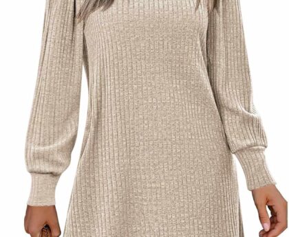 Zeagoo Women’s Knit Dress with Puff Sleeves for Fall & Winter – Round Neck Casual Tunic Dress