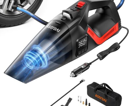 AstroAI 4-in-1 Car Vacuum Cleaner and Tire Inflator Portable with Accessories Air Compressor Digital Dual Values Display, 150 PSI Car Tires Air Pump with LED Light, 12V DC, 16.4FT Cord for Auto