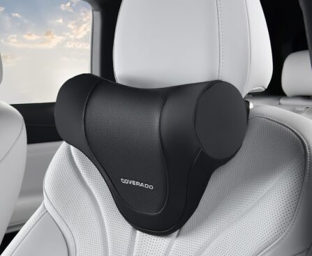 Coverado Car Headrest Pillow, Ergonomic Memory Foam Car Neck Pillow for Driving Seat with Adjustable Strap, Soft PU Leather Breathable Removable Cover Neck Support for Neck Pain Relief