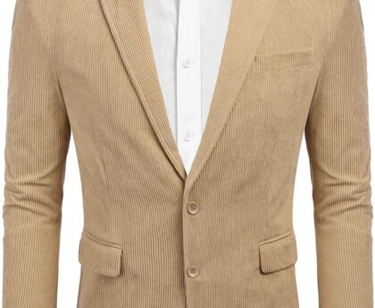 COOFANDY Men Corduroy Sport Coat Casual Blazer Two Button Blazers Jacket, Khaki, XL