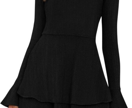 PRETTYGARDEN Womens Fall Fashion 2025 Long Bell Sleeve Mini Sweater Dress Casual Crewneck A Line Knit Short Cocktail Dresses