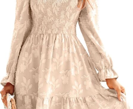 BerryGo Women’s Square Neck Fall Long Sleeve Mini Dress Smocked Swing Ruffle Wedding Guest Dress