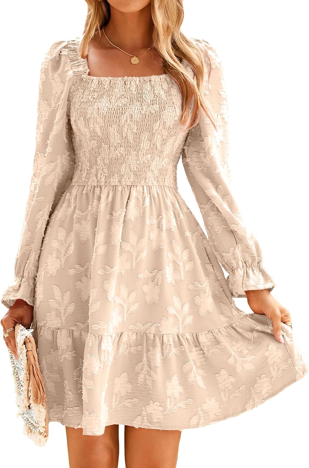 BerryGo Women’s Square Neck Fall Long Sleeve Mini Dress Smocked Swing Ruffle Wedding Guest Dress