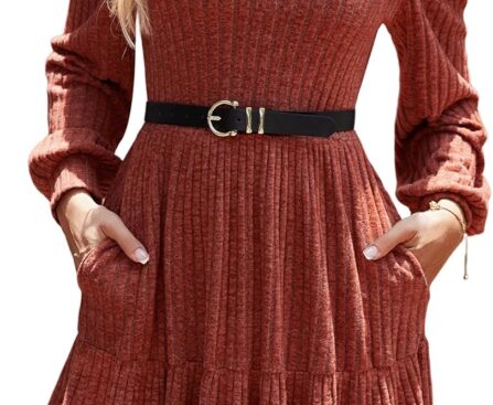 Womens Puff Long Sleeve Fall Dresses 2025 Winter Button Down Knit Sweater Dress with Pockets