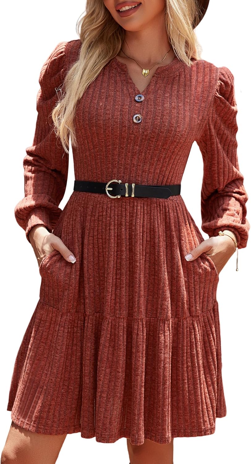 Womens Puff Long Sleeve Fall Dresses 2025 Winter Button Down Knit Sweater Dress with Pockets