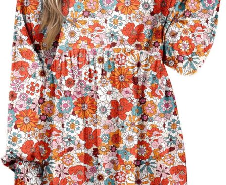 Dokotoo Fall Dresses for Women 2025 Floral Flowy Boho Dresses Long Sleeve Empire Waist Babydoll Mini Dress