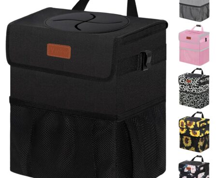 Car Trash Can Bin with Lid Hanging for Back Seat, Car Accessories for Women Men Leak Proof Automotive Garbage Cans Leakproof Vehicle Trash Can for Truck SUV Black