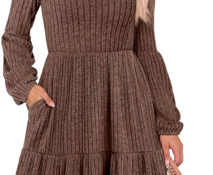 ANRABESS Women’s Long Lantern Sleeve Ribbed Knit Dresses V Neck Casual 2025 Fall Winter Flowy Swing Tunic Sweater Short Dress