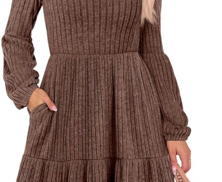 ANRABESS Women’s Long Lantern Sleeve Ribbed Knit Dresses V Neck Casual 2025 Fall Winter Flowy Swing Tunic Sweater Short Dress
