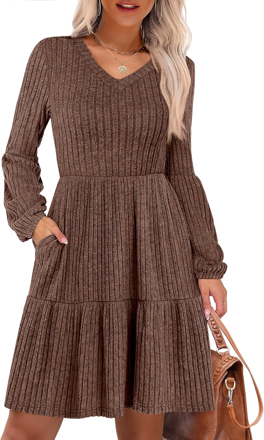 ANRABESS Women’s Long Lantern Sleeve Ribbed Knit Dresses V Neck Casual 2025 Fall Winter Flowy Swing Tunic Sweater Short Dress