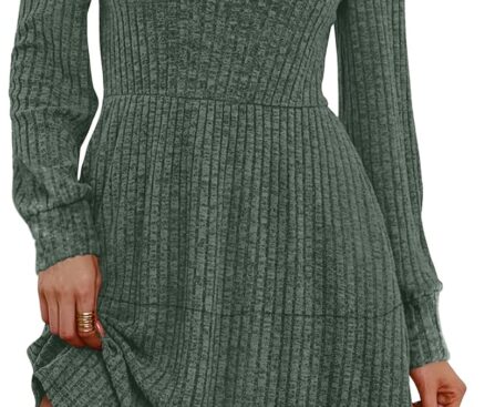 SAMPEEL Womens V Neck Long Sleeve Fall Dresses Baby Doll Casual Sweater Dress Fashion Clothes