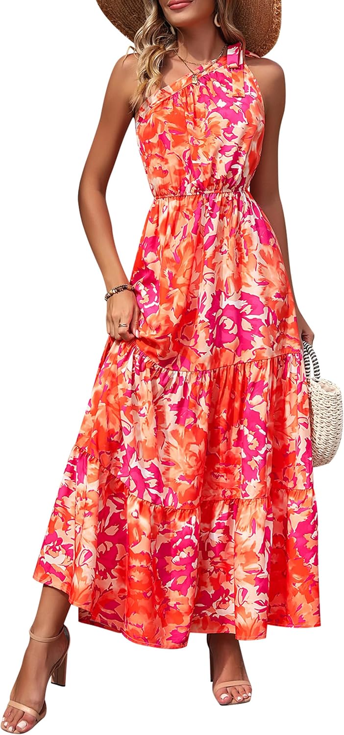 PRETTYGARDEN Women’s Summer Floral One Shoulder Maxi Dress Knot Ruffle Boho Beach Vacation Wedding Guest Long Dresses
