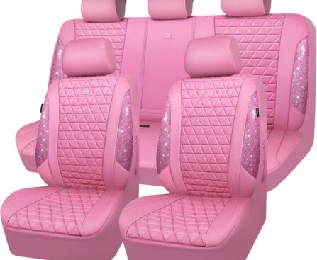CAR PASS Bling Diamond Pink Leather Car Seat Covers Full Sets Interior Sets, Waterproof Shining Glitter Sparkly Crystal Universal Armrest Fit for Automotive Truck SUV Cute Women Girl, Pink Rhinestone