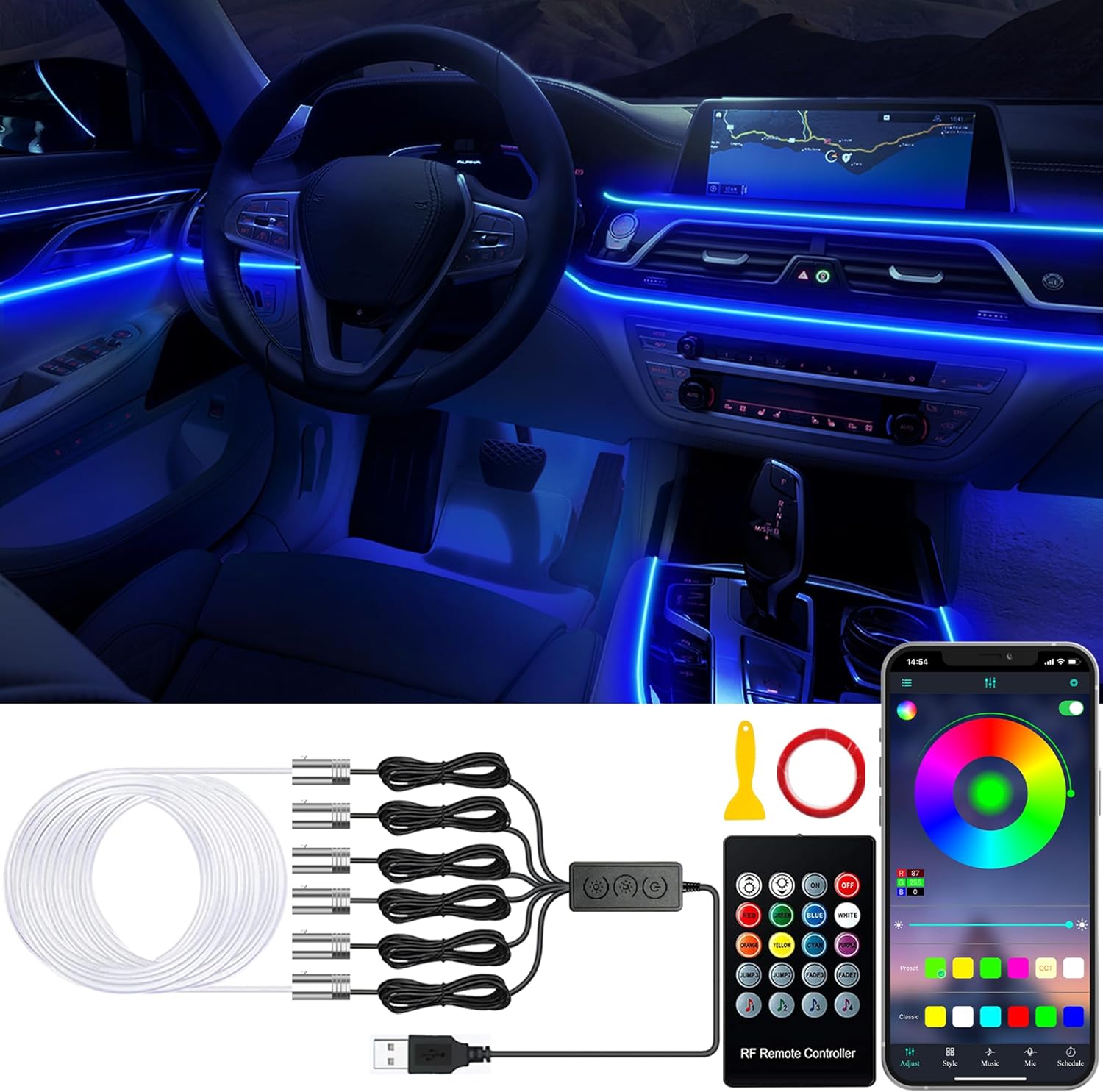 Car LED Lights, Interior Car Lights with Wireless APP/RF Remote/Button Control, Car Ambient Lighting Kit with 315″ Integrated Molding Fiber Optic RGB Sync to Music (6 in 1-USB)
