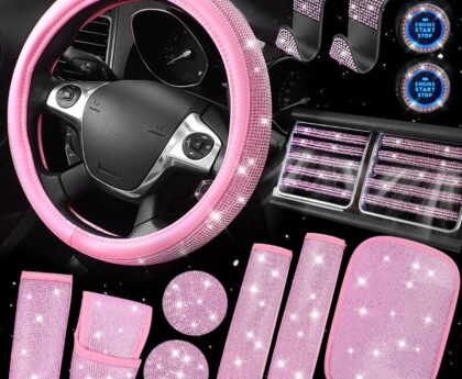 CAR PASS Bling Pink Car Accessories Set for Women, Sparkly Rhinestone Diamond Steering Wheel Cover Seat Belt Cushion Glitter Shift Knob Cover Car Cup Holder Coaster Cute Interior Sets, Pink 22 PCS