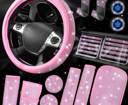CAR PASS Bling Pink Car Accessories Set for Women, Sparkly Rhinestone Diamond Steering Wheel Cover Seat Belt Cushion Glitter Shift Knob Cover Car Cup Holder Coaster Cute Interior Sets, Pink 22 PCS