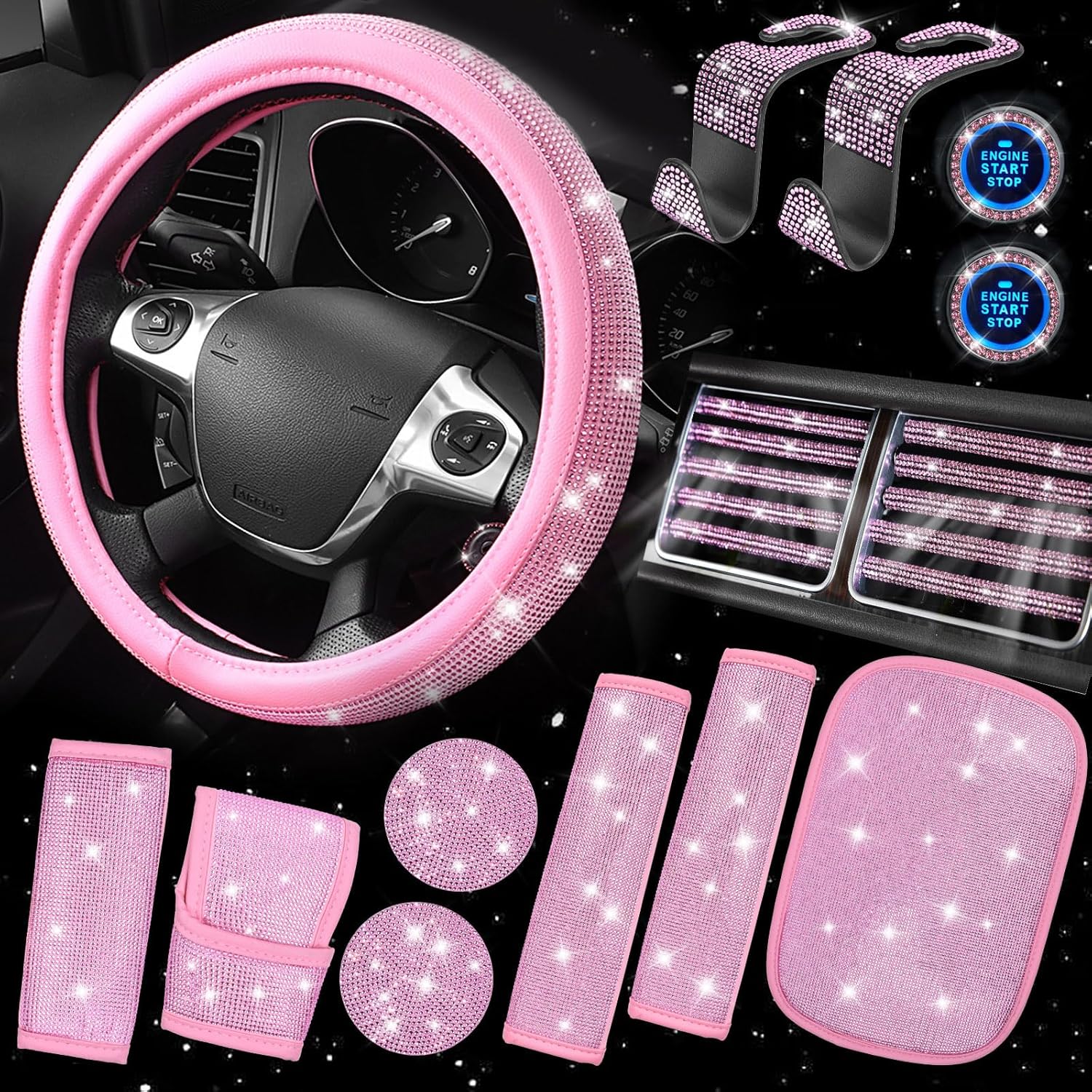 CAR PASS Bling Pink Car Accessories Set for Women, Sparkly Rhinestone Diamond Steering Wheel Cover Seat Belt Cushion Glitter Shift Knob Cover Car Cup Holder Coaster Cute Interior Sets, Pink 22 PCS