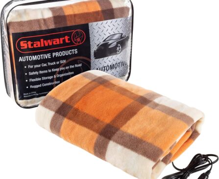 Heated Blanket – 12-Volt Electric Blanket for Car, Truck, SUV or RV – Portable Winter Car Accessories for Camping or Travel by Stalwart (Orange Plaid)