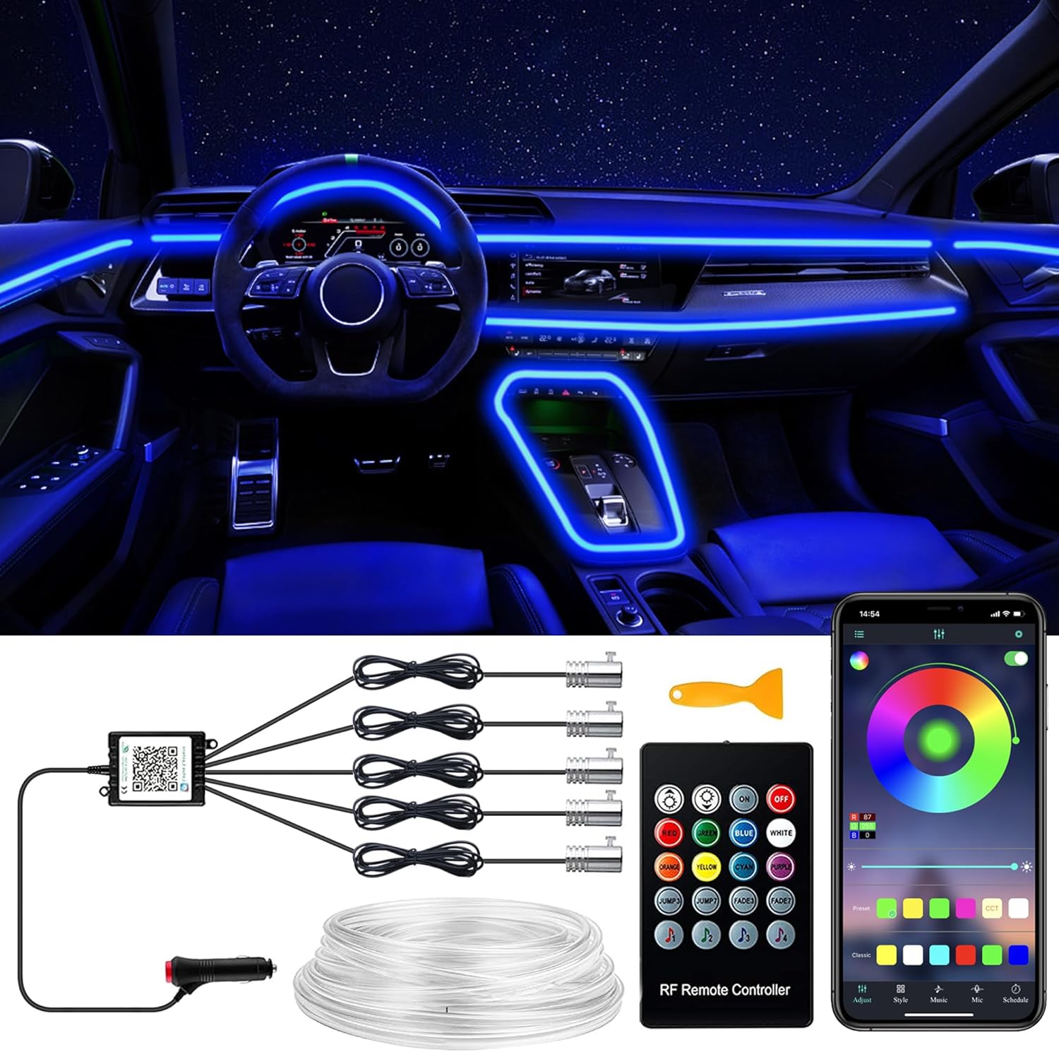 Interior Car Lights, 5 in 1 RGB Ambient Lighting Kits with Wireless APP and Remote Control, 16 Million Colors Interior Car LED Strip Lights with 236 inches Fiber Optic, Sync to Music