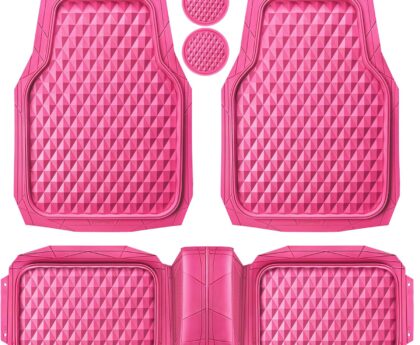 CAR PASS Heavy Duty Rubber Pink Car Floor Mats, Deep Dish All-Weather Full Set Durable Anti-Slip 3D Rhombus Waterproof Trim to Fit Liner Universal Fit Automotive,Sedan,SUV,Truck, 3 Pcs Hot Pink