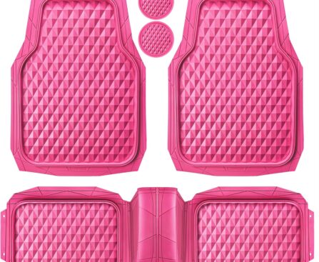 CAR PASS Heavy Duty Rubber Pink Car Floor Mats, Deep Dish All-Weather Full Set Durable Anti-Slip 3D Rhombus Waterproof Trim to Fit Liner Universal Fit Automotive,Sedan,SUV,Truck, 3 Pcs Hot Pink