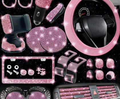NBTEPEM 27-Piece Bling Car Accessories Set – Universal Fit Steering Wheel Covers, License Plate Frames, Phone Holder, Car Fast Charger, Coasters (Pink)