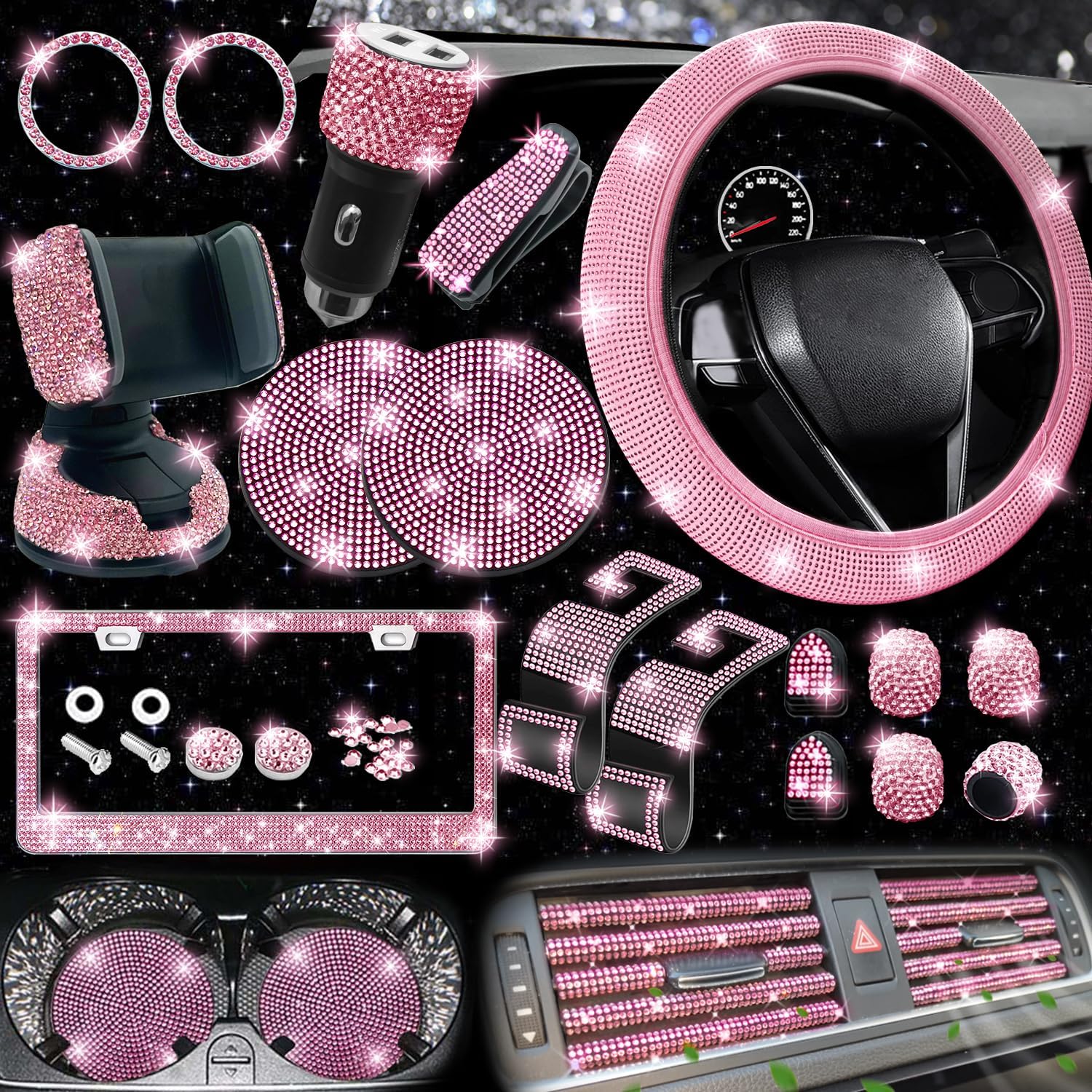 NBTEPEM 27-Piece Bling Car Accessories Set – Universal Fit Steering Wheel Covers, License Plate Frames, Phone Holder, Car Fast Charger, Coasters (Pink)