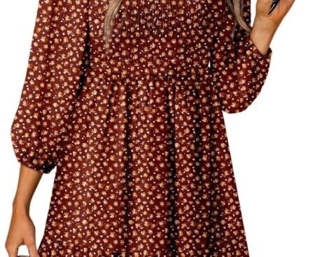 Dokotoo Fall Dresses for Women 2025 Boho Floral Square Neck Smocked 3/4 Sleeve Casual A-Line Swing Mini Dress Sundress