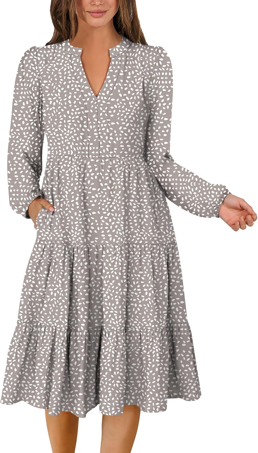 ANRABESS Long Sleeve Midi Dresses for Women V Neck 2025 Fall Fashion Casual Loose Fit Flowy Swing Tiered Vacation Boho Dress