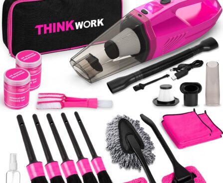 THINKWORK Car Detailing Kit Interior Cleaner, Car Cleaning Kit with 8000PA Cordless Pink Handheld Vacuum Cleaner, Car Interior Detailing Brush Set, Pink Car Accessories, Gift for Women