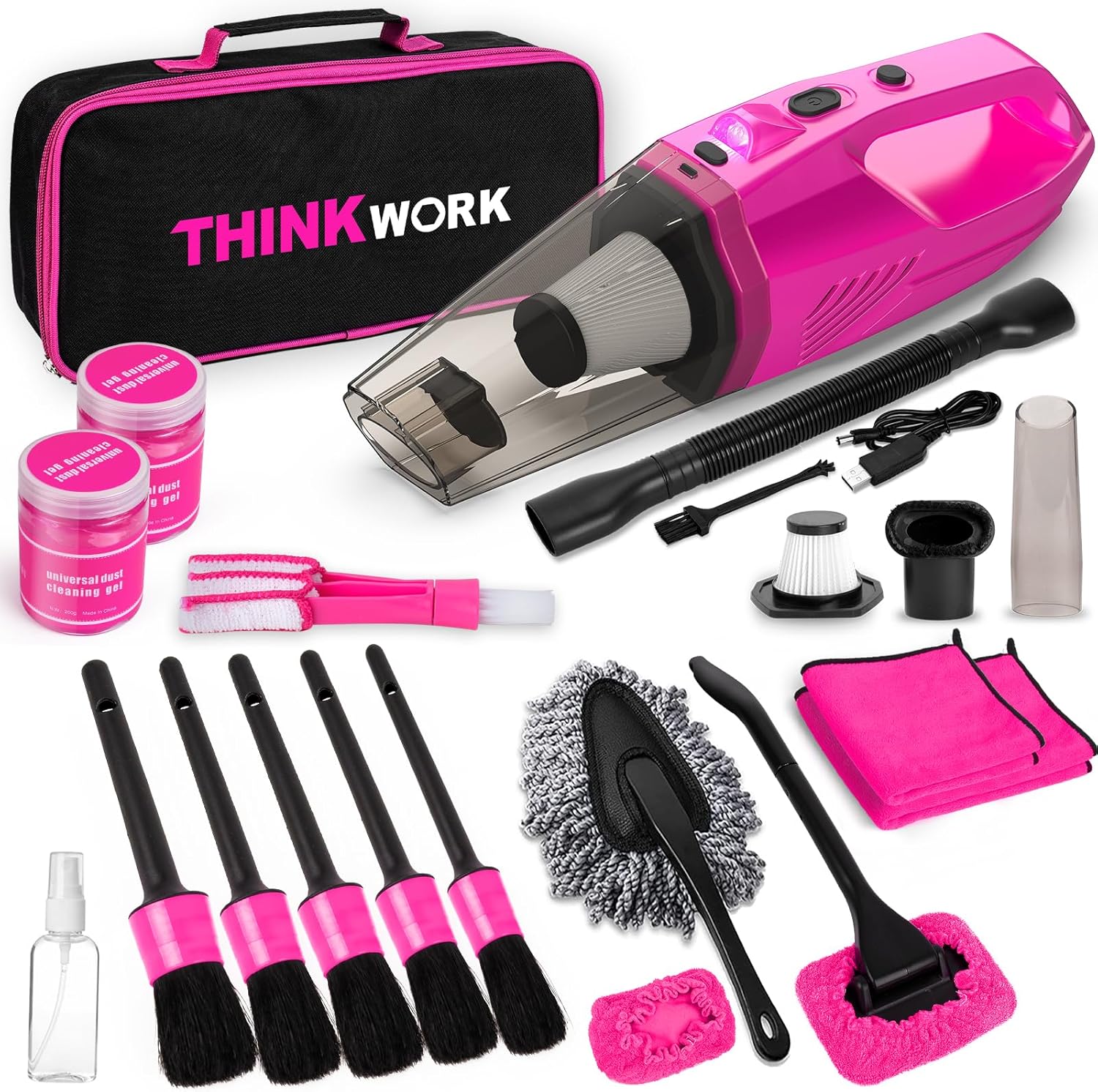 THINKWORK Car Detailing Kit Interior Cleaner, Car Cleaning Kit with 8000PA Cordless Pink Handheld Vacuum Cleaner, Car Interior Detailing Brush Set, Pink Car Accessories, Gift for Women