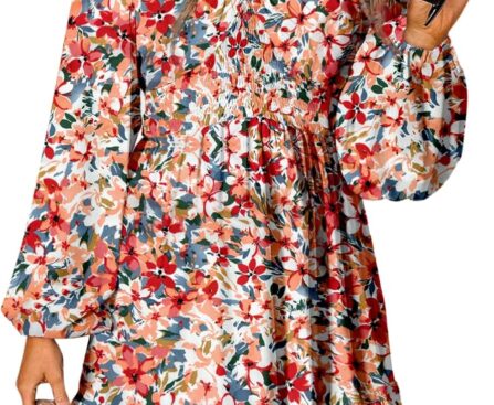 Dokotoo Fall Dresses for Women 2025 Boho Floral V Neck Long Sleeve Smocked Elastic Waist Casual A-Line Mini Dress Sundress