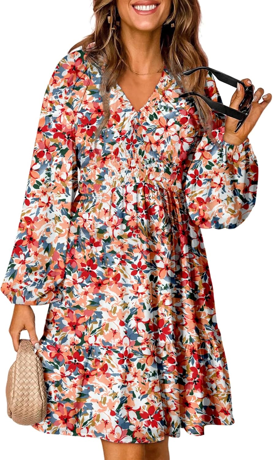 Dokotoo Fall Dresses for Women 2025 Boho Floral V Neck Long Sleeve Smocked Elastic Waist Casual A-Line Mini Dress Sundress