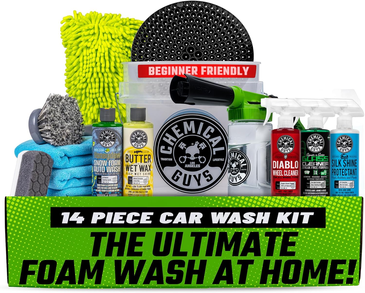 Chemical Guys Car Wash Kit 14-Pc Arsenal Builder – with Foam Blaster, Wash Bucket, Towels, Applicators, and 16 oz Soaps, Waxes, and Cleaners – Complete Car Detailing Gift Set, Works with Garden Hose